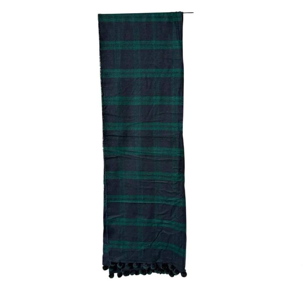 J. Crew Oversize Pom Pom Black Watch Tartan Plaid Scarf